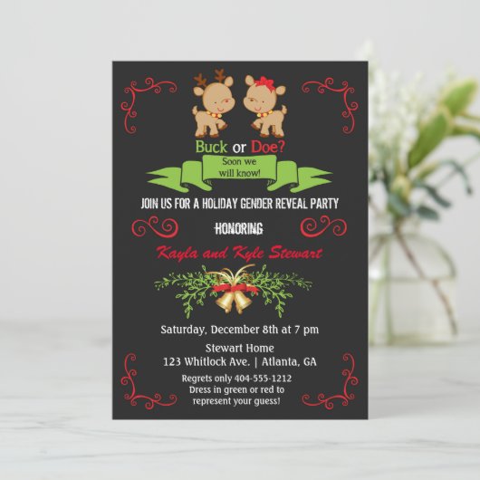 クリスマスの性別発表パーティー　オス鹿またはメス鹿のサンタのトナカイ 招待状 (スタンド正面)