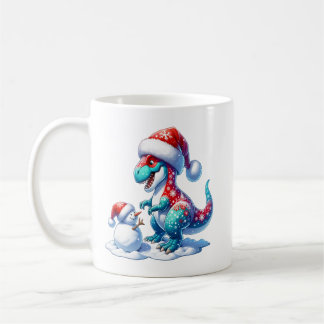 クリスマスの恐竜とかわいい雪だるま、ファンタジー コーヒーマグカップ
