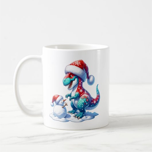 クリスマスの恐竜とかわいい雪だるま、ファンタジー コーヒーマグカップ (左)