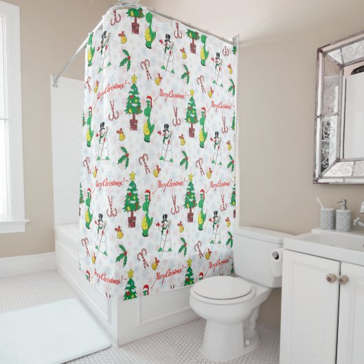 クリスマスの恐竜と雪だるま シャワーカーテン (インサイチュ)
