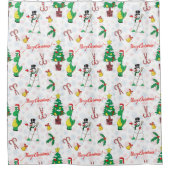 クリスマスの恐竜と雪だるま シャワーカーテン (正面)