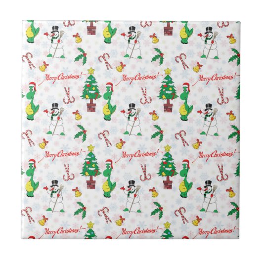 クリスマスの恐竜と雪だるま タイル (正面)