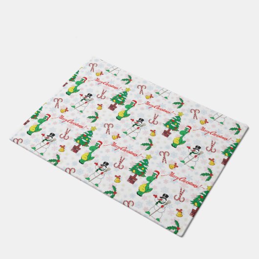 クリスマスの恐竜と雪だるま ドアマット (アングル)