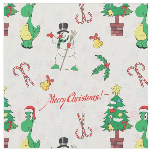 クリスマスの恐竜と雪だるま ファブリック (クローズアップ)