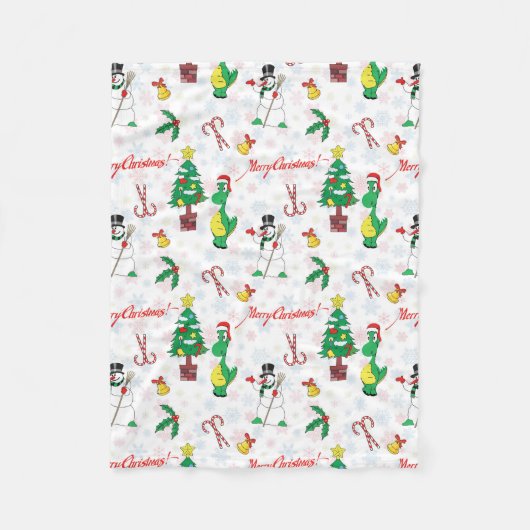クリスマスの恐竜と雪だるま フリースブランケット (正面)