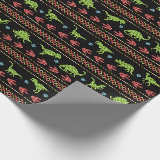 クリスマスの恐竜のニットによって刺繍される公平な島 ラッピングペーパー (角)