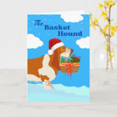 クリスマスの愛らしいバスケットのバセットハウンドとバスケット カード (黄色い花)