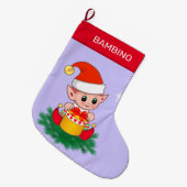 クリスマスの愛らしい妖精と藤色の青 ラージクリスマスストッキング (正面 (吊り時))