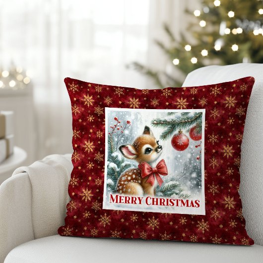 クリスマスの愛らしい子鹿の冬の情景 クッション