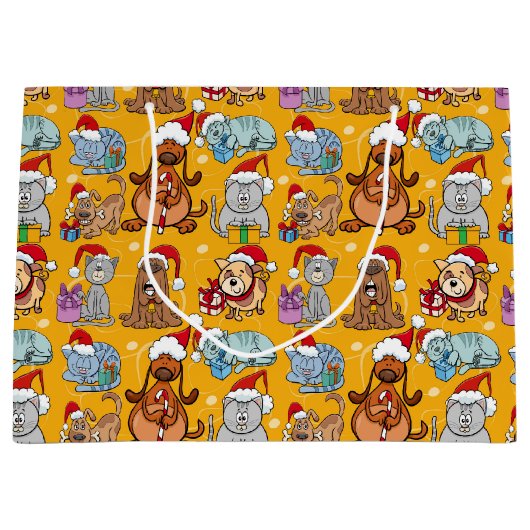 クリスマスの愛らしい犬と猫 ラージペーパーバッグ (正面)