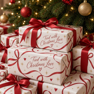 クリスマスの愛 赤いリボンで結ばれた ラッピングペーパー
