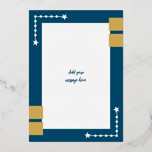 クリスマスの抱擁で青と白の写真を追加 箔シーズンカード (裏面)