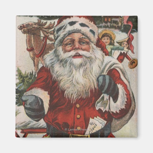 クリスマスの挨拶サンタと鹿と子供 マグネット (正面)