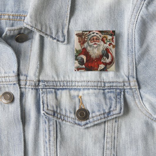 クリスマスの挨拶サンタと鹿と子供 缶バッジ (インサイチュ)