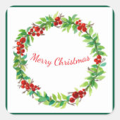 クリスマスの挨拶文が書かれた華やかなクリスマスリース スクエアシール (正面)