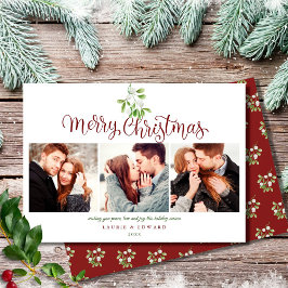 クリスマスの文字とヤドリギの3枚の写真のカップルカード シーズンカード