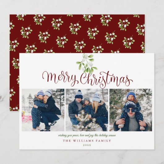 クリスマスの文字とヤドリギの3枚の写真 シーズンカード (正面/裏面)