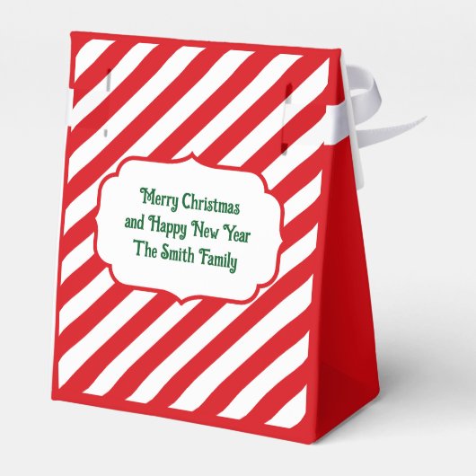 クリスマスの斜赤と白線ストライプのシンプル フェイバーボックス (裏面サイド)