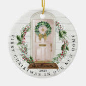 クリスマスの新しいホームピンクの水の色のドアフォト セラミックオーナメント (正面)