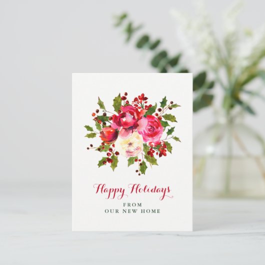 クリスマスの新しい住所 | 赤と緑の花 シーズンポストカード (スタンド正面)