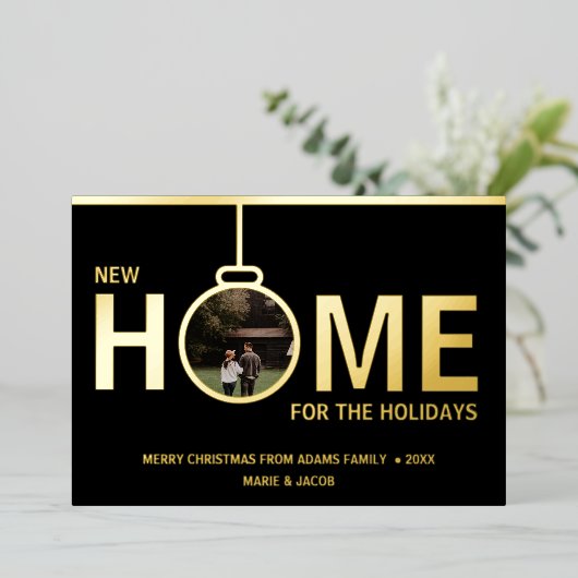 クリスマスの新しい家の写真カード 箔シーズンカード (立ち正面)