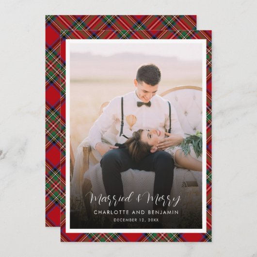 クリスマスの新婚写真結婚したとメリータータンチェック シーズンカード (正面/裏面)
