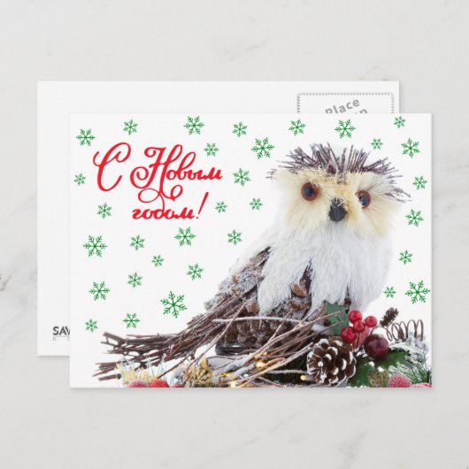 クリスマスの新年の素朴な賢いフクロウのヴィンテージ シーズンポストカード (正面/裏面)