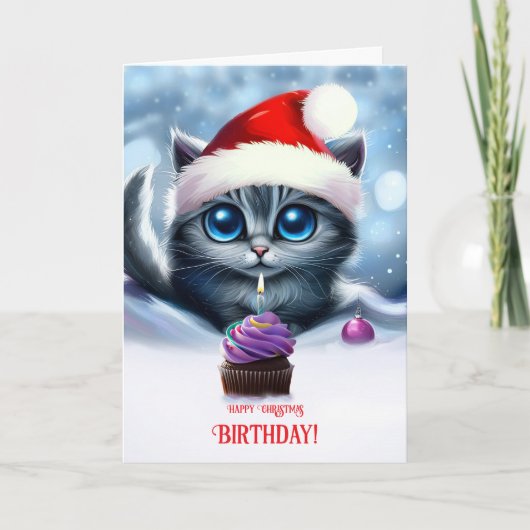 クリスマスの日に生まれたかわいい子猫とカップケーキ カード (正面)
