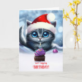 クリスマスの日に生まれたかわいい子猫とカップケーキ カード (黄色い花)