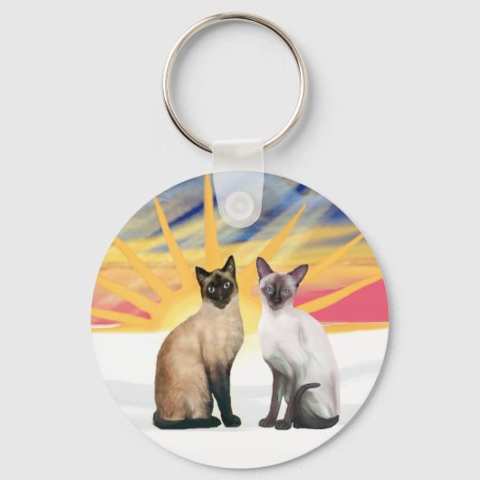 クリスマスの日の出 - シャム猫2匹 (シール + チョコ) キーホルダー (正面)