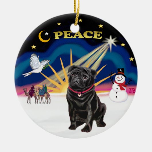 クリスマスの日の出 - 黒プーグ犬 セラミックオーナメント (正面)