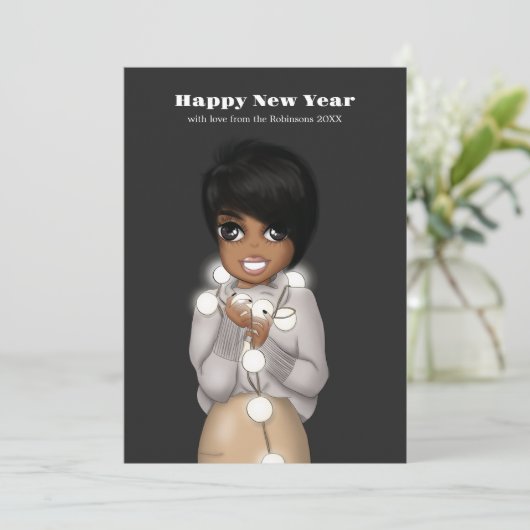 クリスマスの明かりを飾ったアフリカ系アメリカ人女性の挨拶 シーズンカード (スタンド正面)