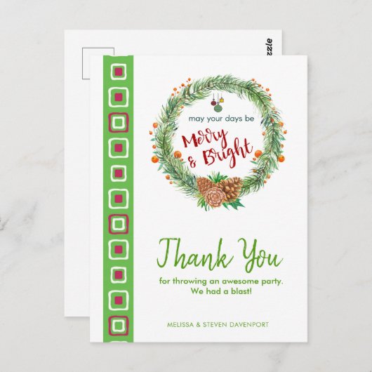 クリスマスの明るいリースの感謝カード ポストカード (正面/裏面)