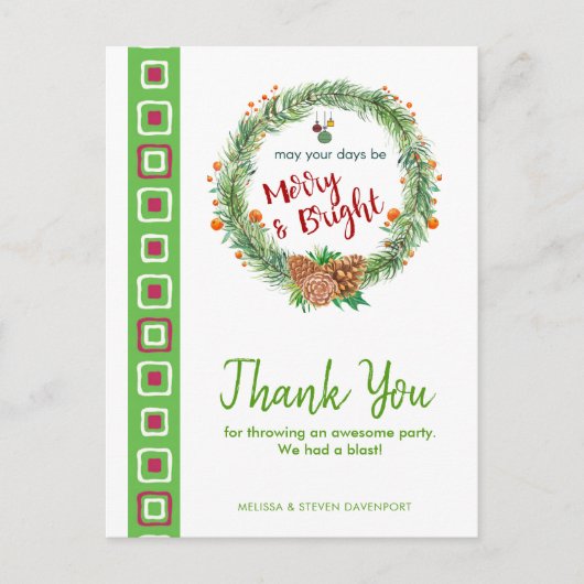 クリスマスの明るいリースの感謝カード ポストカード (正面)