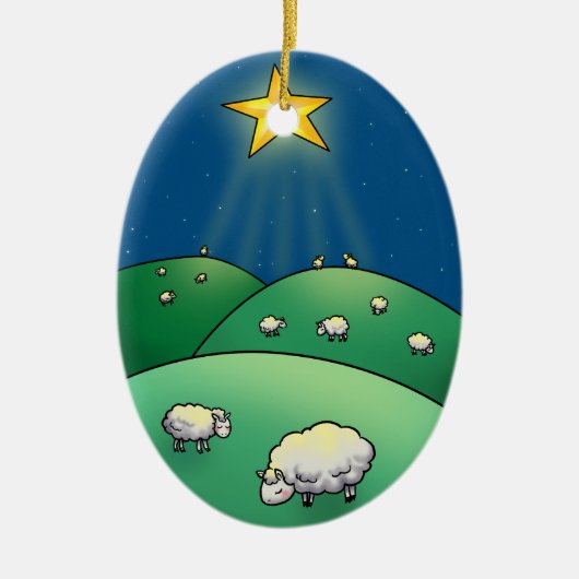 クリスマスの星の下のヒツジの群 セラミックオーナメント (正面)