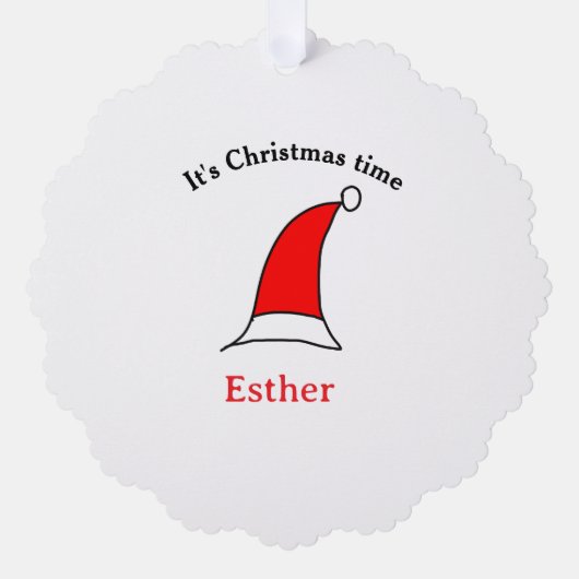 クリスマスの時期、サンタの赤い帽子 名前 シンプル 可愛い オーナメントカード (正面)