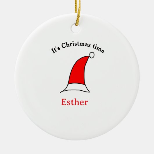 クリスマスの時期、サンタの赤い帽子 名前 シンプル 可愛い セラミックオーナメント (正面)