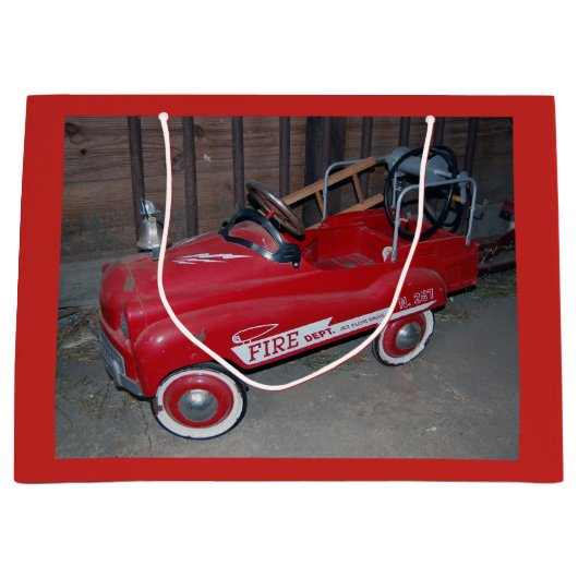 クリスマスの普通消防車のおもちゃワゴン ラージペーパーバッグ (正面)