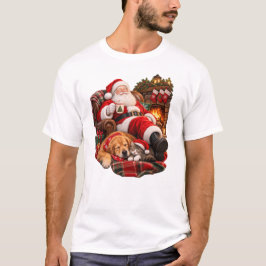 クリスマスの暖炉のそばでくつろぐサンタクロース Tシャツ