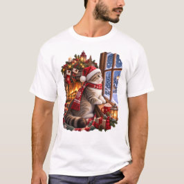 クリスマスの暖炉のそばで雪を見る猫 Tシャツ