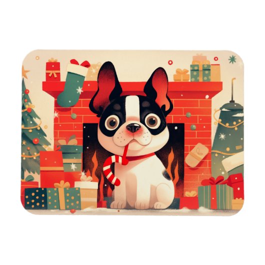 クリスマスの暖炉のそばにいるかわいいフレンチブルドッグ マグネット (横)