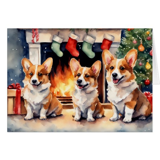 クリスマスの暖炉のそばのコーギー犬の3人組 (正面横)