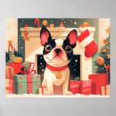 クリスマスの暖炉のそばのフレンチブルドッグ ポスター (正面)