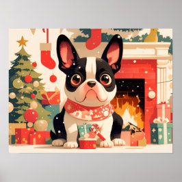 クリスマスの暖炉のそばのフレンチブルドッグ ポスター