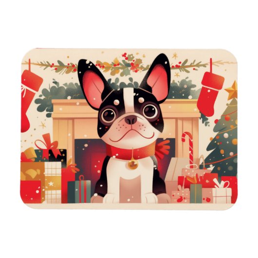 クリスマスの暖炉のそばのフレンチブルドッグ マグネット (横)