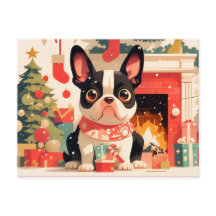 クリスマスの暖炉のそばの可愛いフレンチブルドッグ