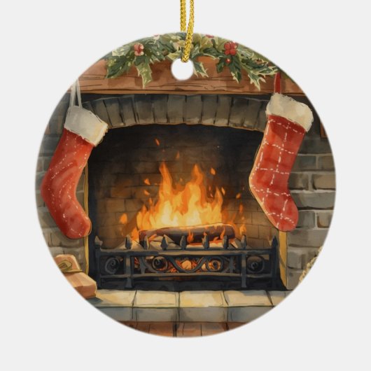 クリスマスの暖炉のオーナメント|お名前入り セラミックオーナメント (正面)