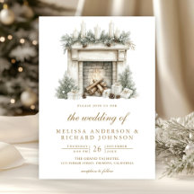 クリスマスの暖炉のリースのQRコード付き結婚式ペーパーアイテム