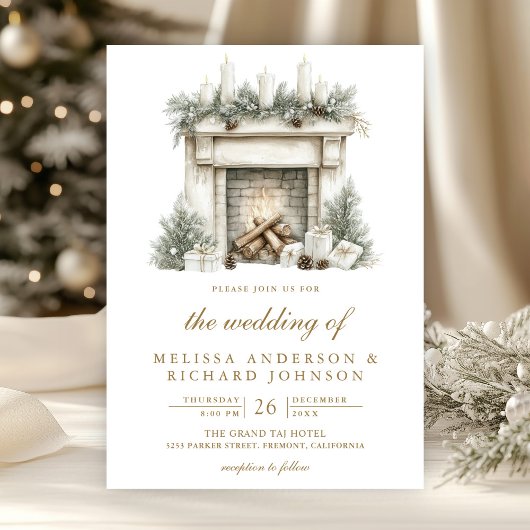 クリスマスの暖炉のリースのQRコード付き結婚式ペーパーアイテム 招待状