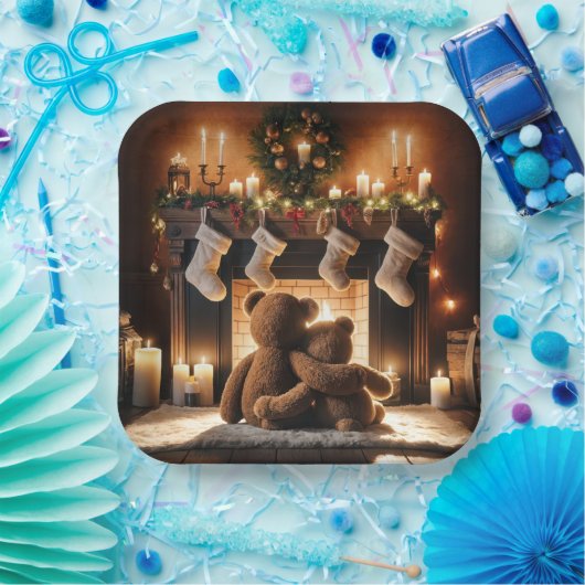 クリスマスの暖炉の前のテディベア ペーパープレート (パーティー)